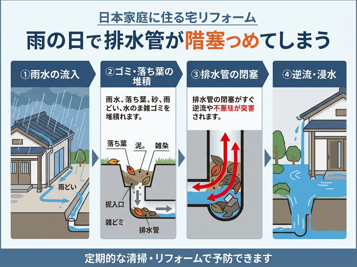 雨の日の排水溝つまりが起きる仕組み
