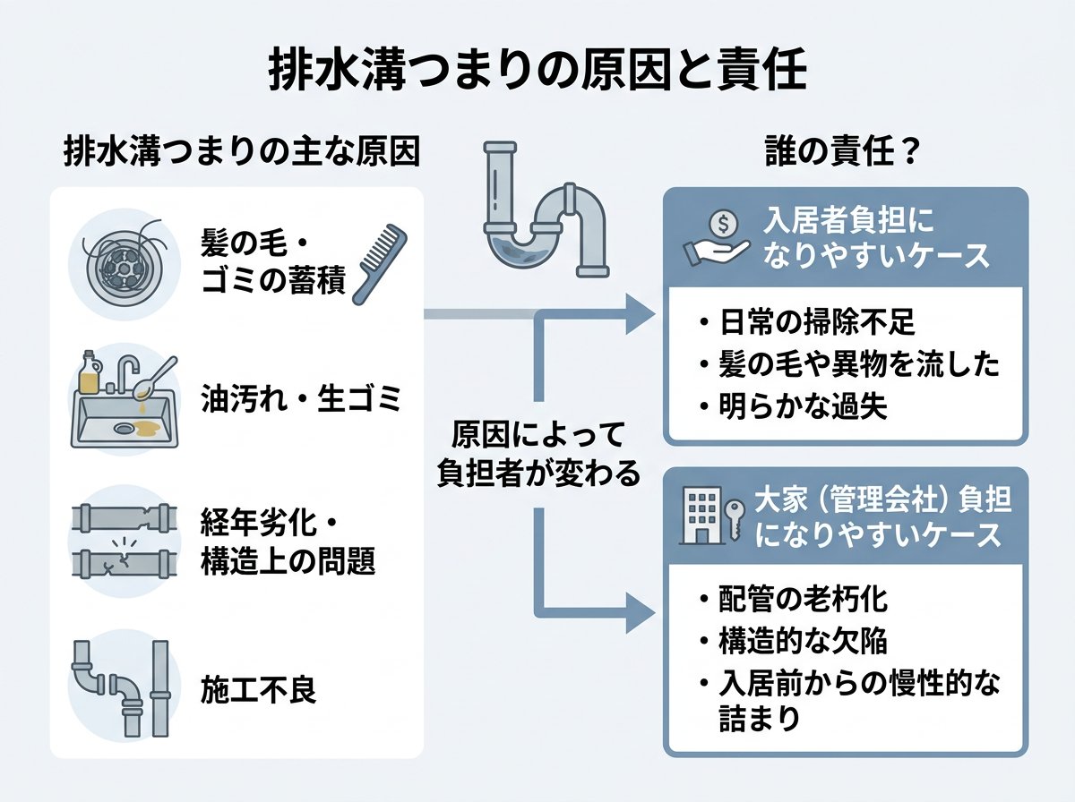 賃貸物件の排水溝つまりの原因と責任の所在