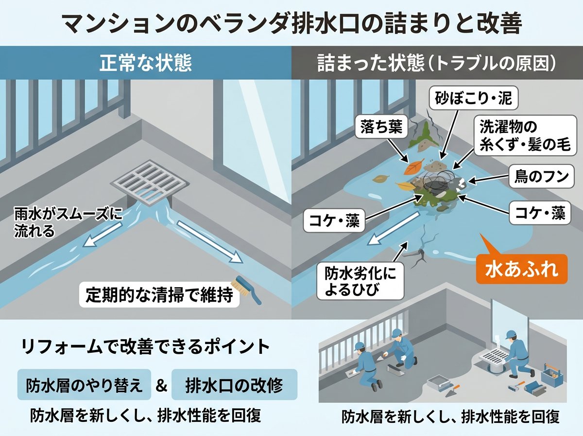 ベランダ排水溝の詰まり原因と特徴