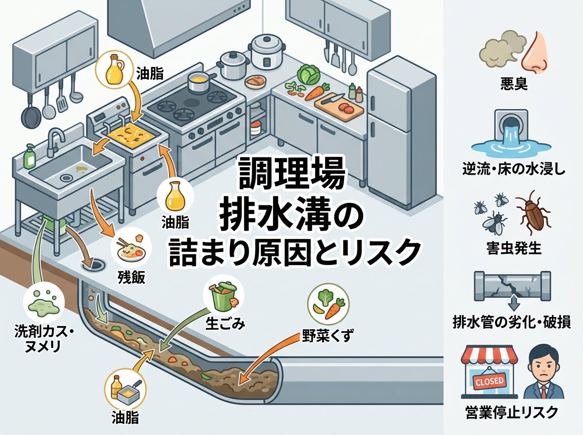 調理場 排水溝の詰まり原因とリスク