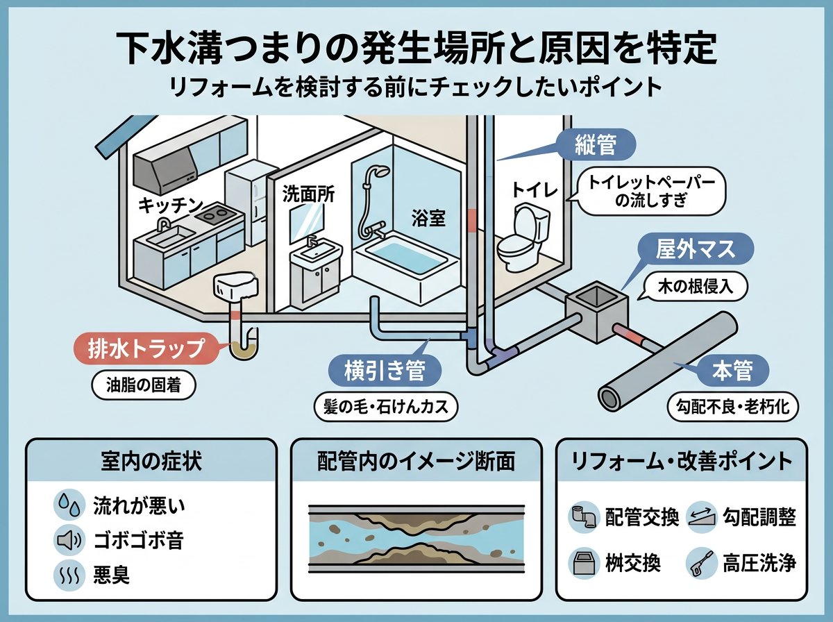 下水溝つまりの発生場所と原因を特定