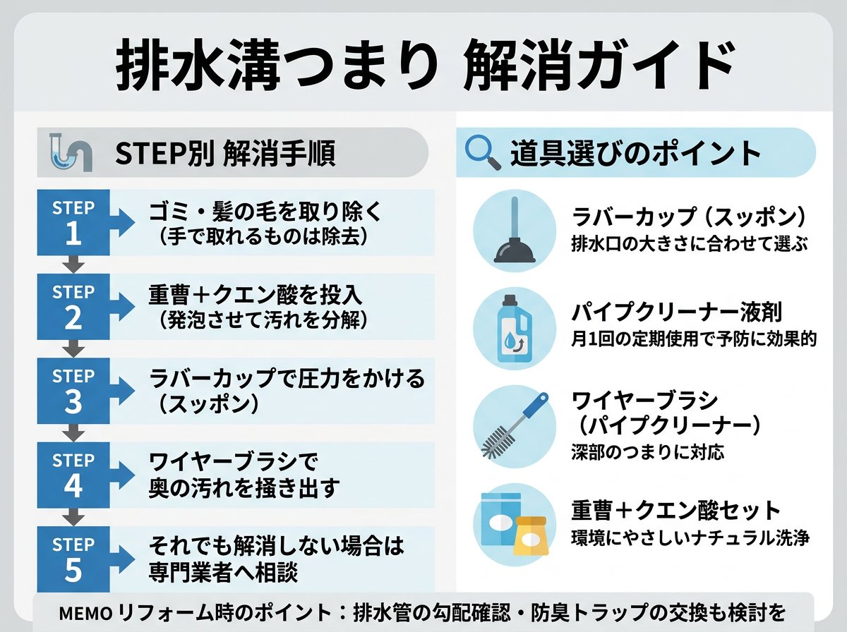 排水溝つまりの基本的な解消手順と道具選び