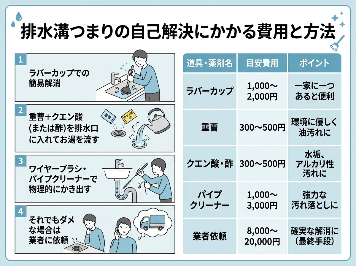排水溝つまりの自己解決にかかる費用と方法