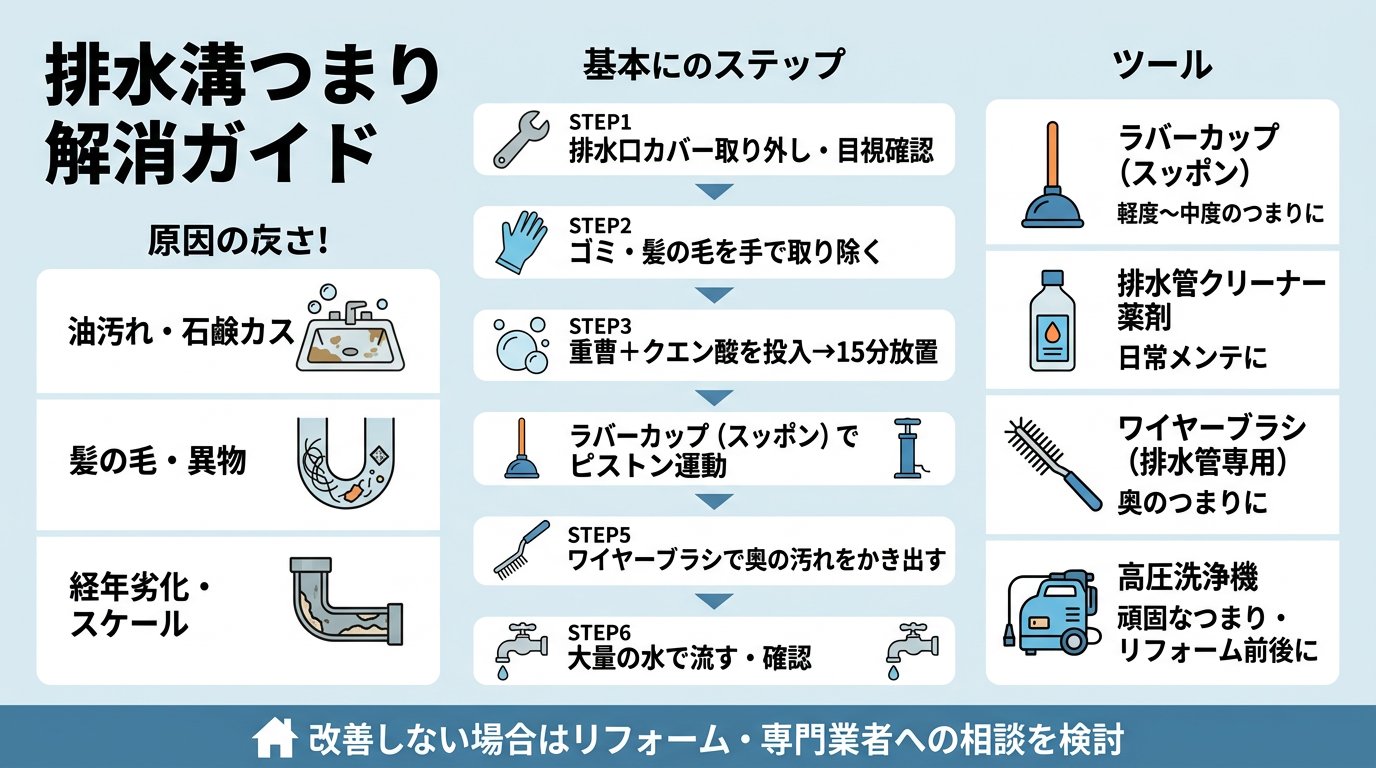 排水溝つまりの基本的な解消手順と道具選び