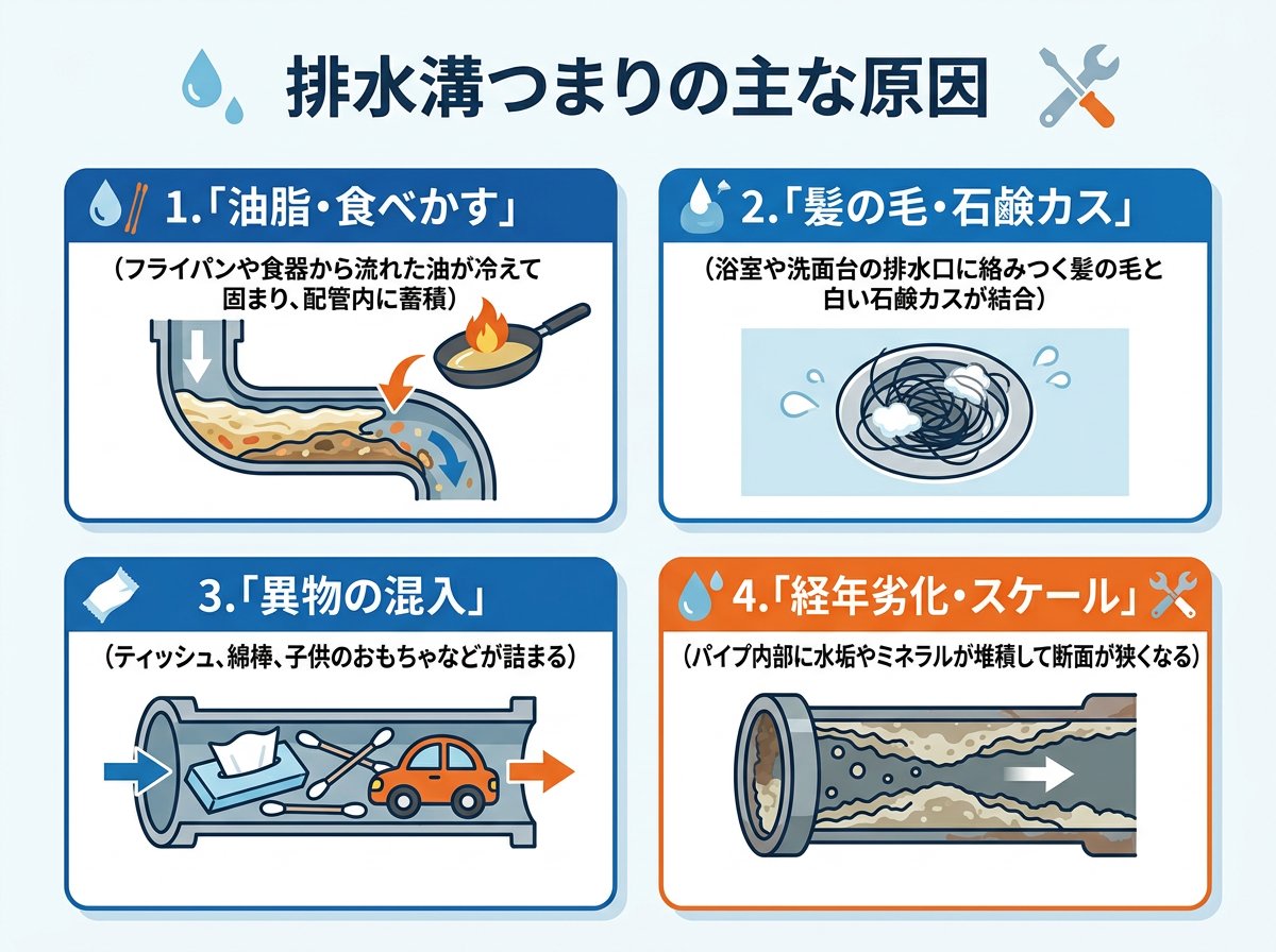 排水溝つまりが発生する主な原因と特徴