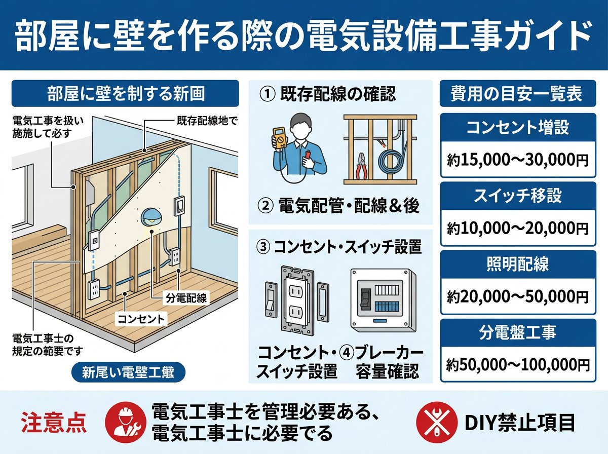 部屋に壁を作る際の電気設備工事の詳細と費用
