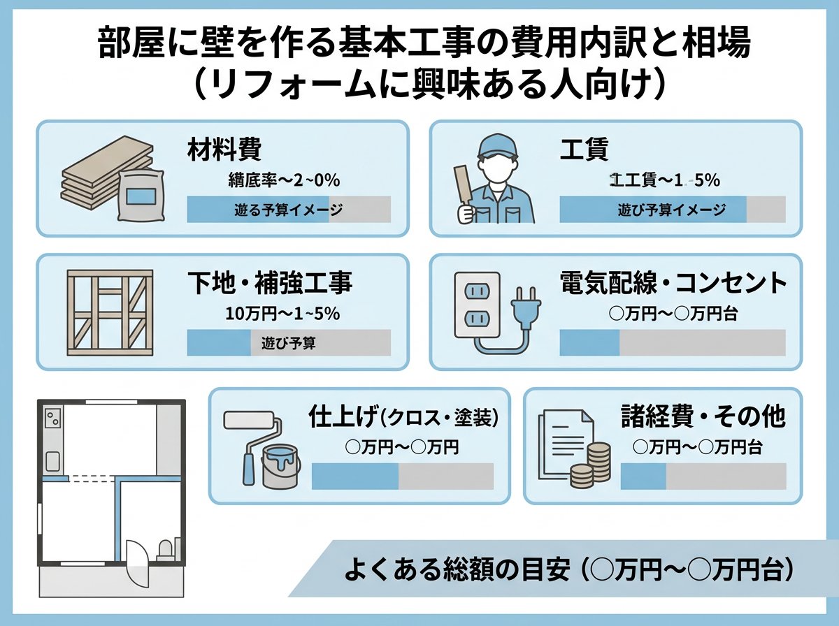部屋に壁を作る基本工事の費用内訳と相場