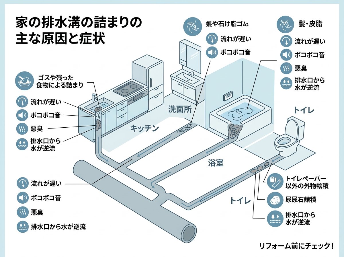 家の排水溝の詰まりの主な原因と症状