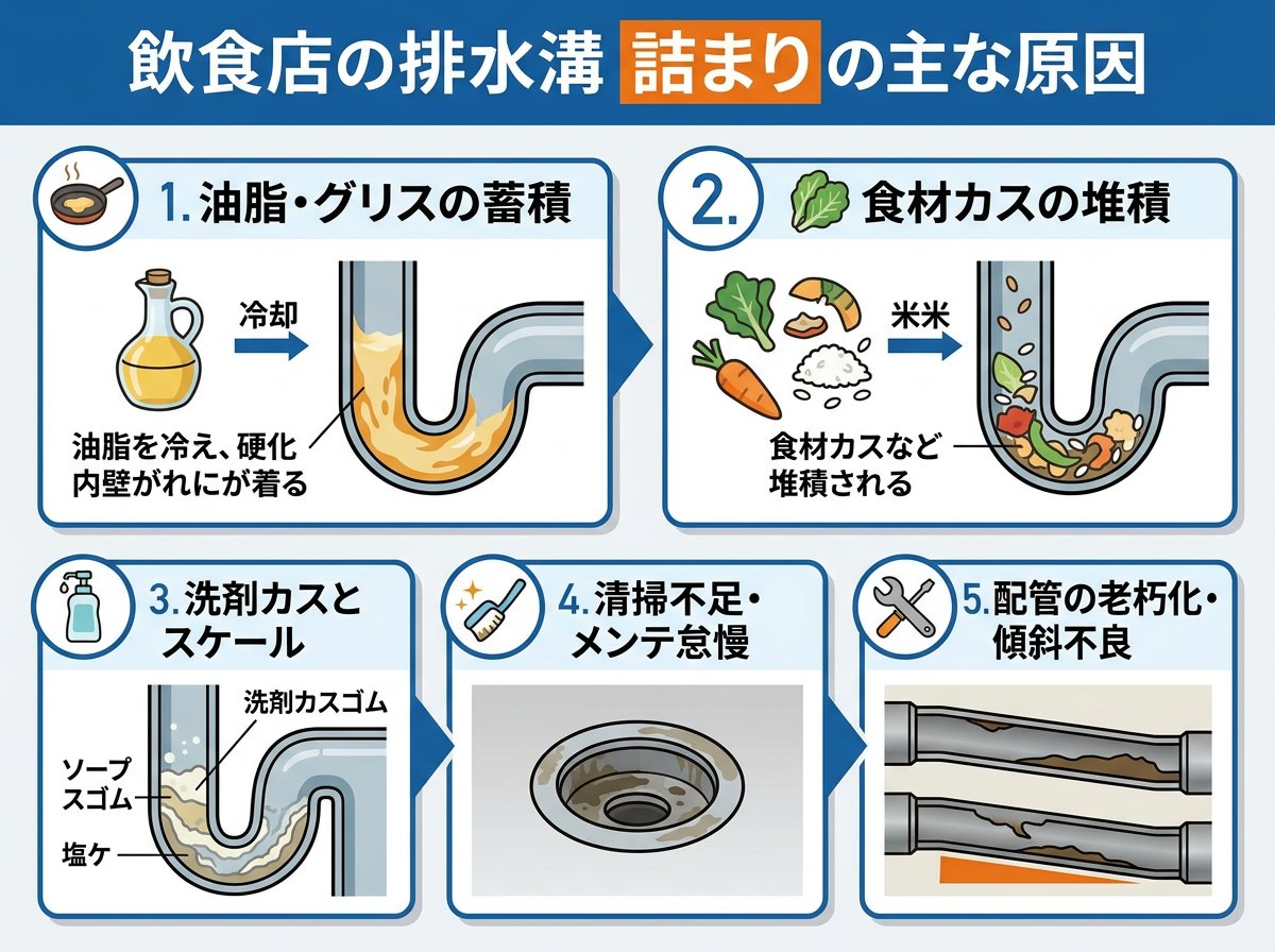 飲食店の排水溝で詰まりが発生する主な原因