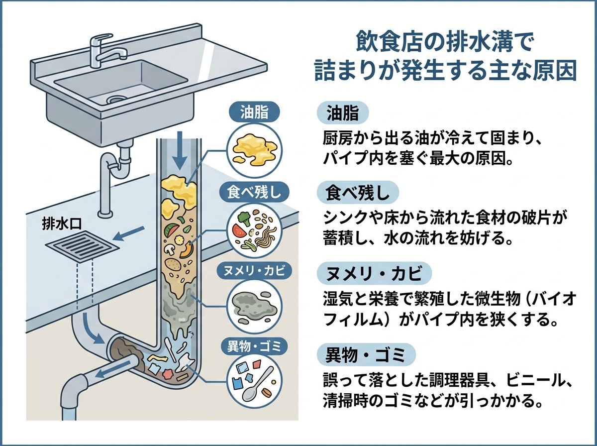飲食店の排水溝で詰まりが発生する主な原因