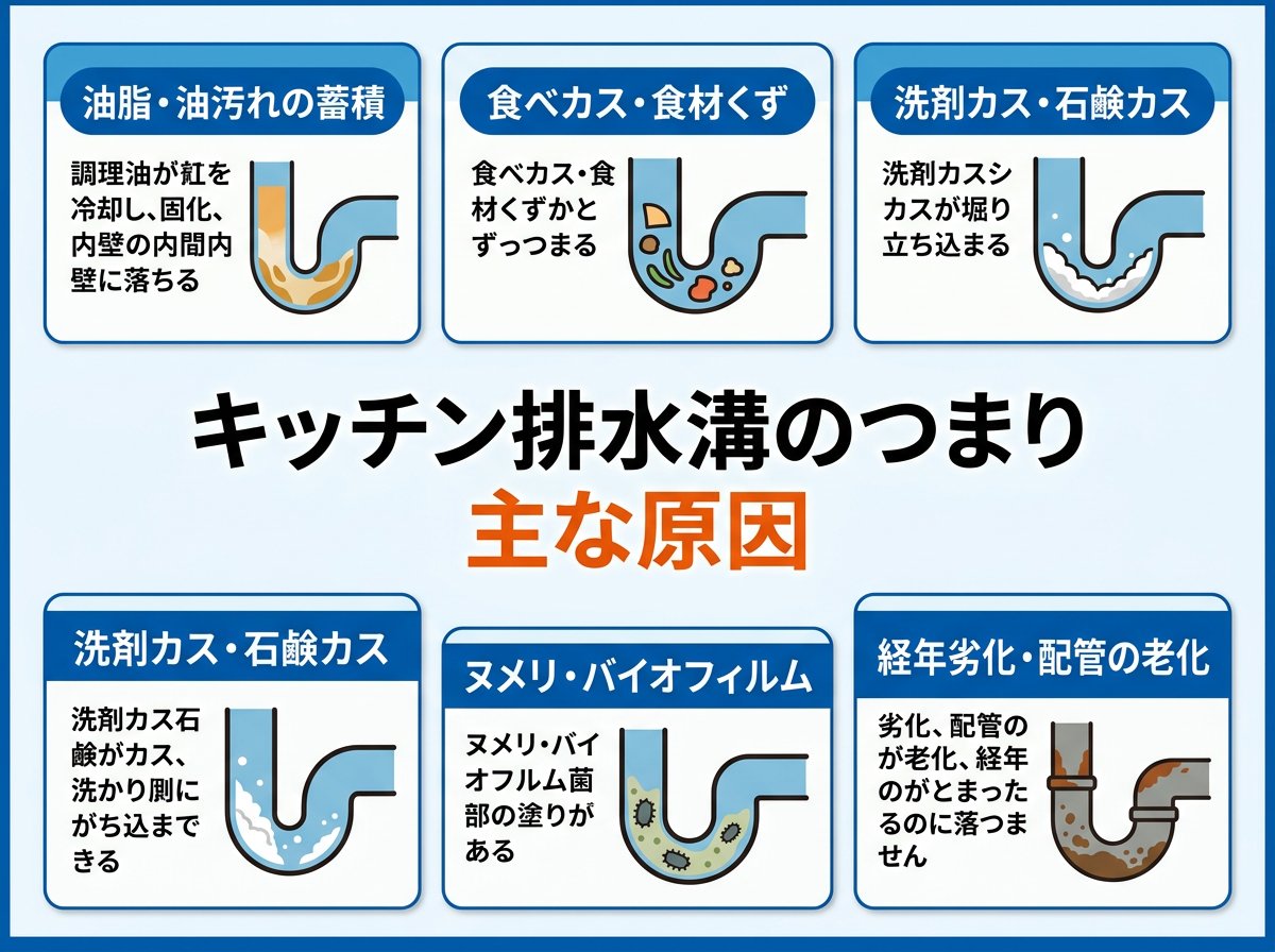 キッチン排水溝のつまりが発生する主な原因