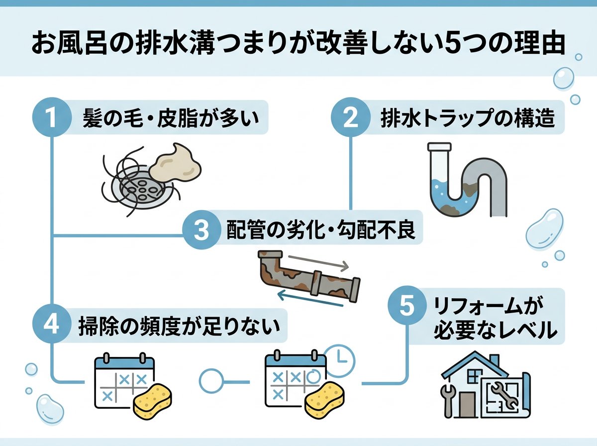 お風呂の排水溝つまりが改善しない5つの理由