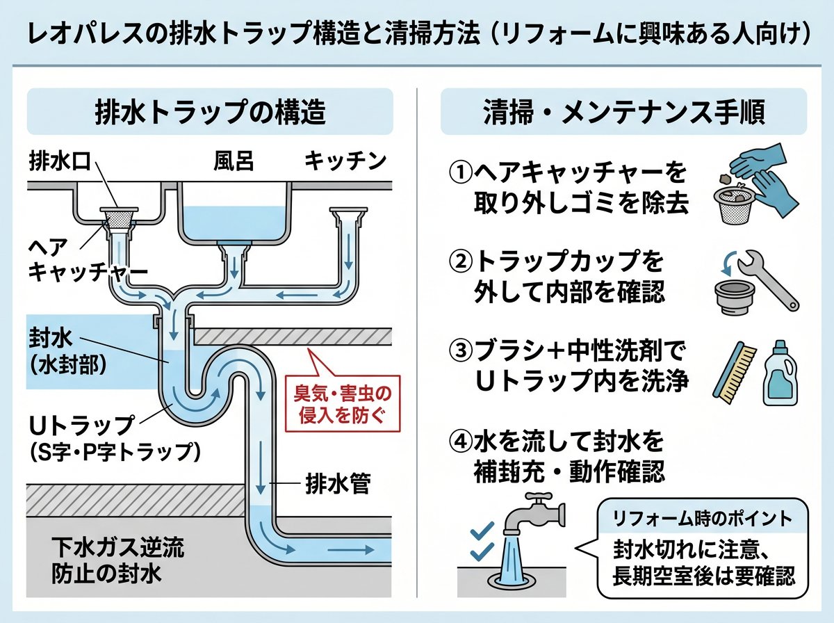 レオパレスの排水トラップ構造と清掃方法