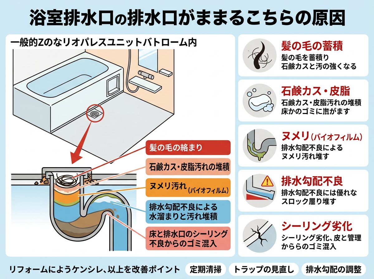 レオパレスの浴室排水溝がつまる主な原因