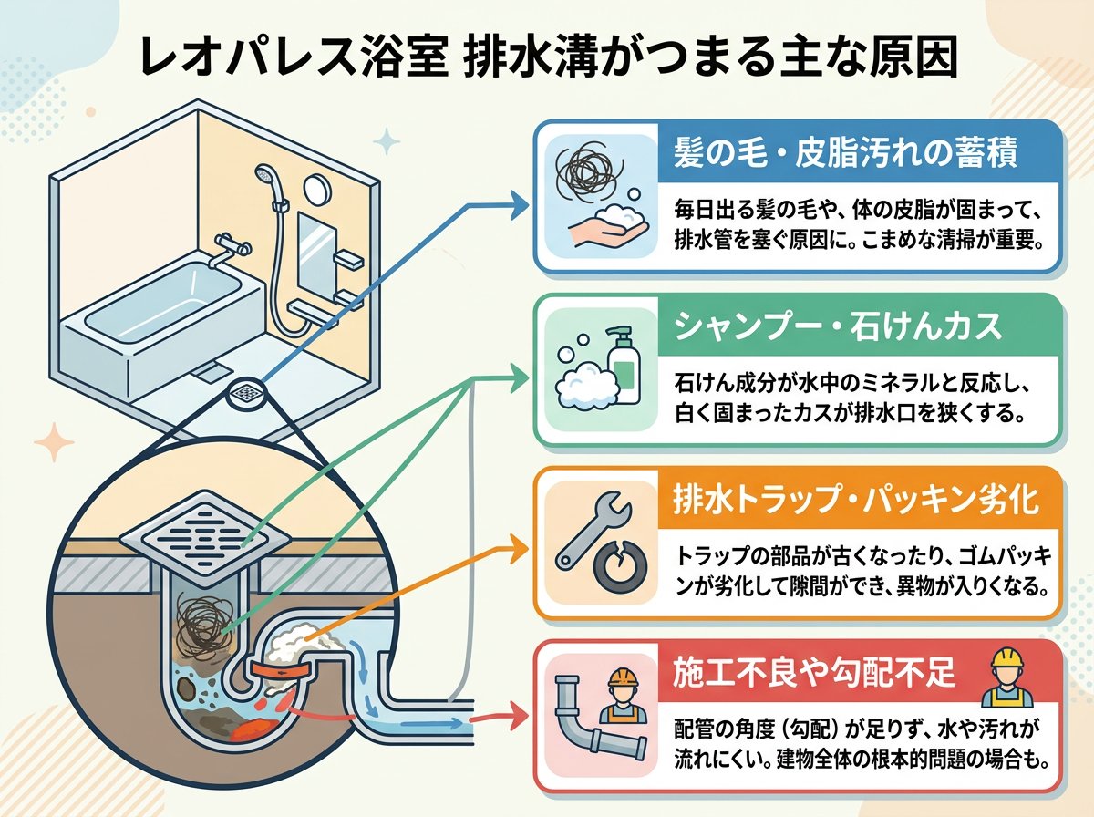 レオパレスの浴室排水溝がつまる主な原因