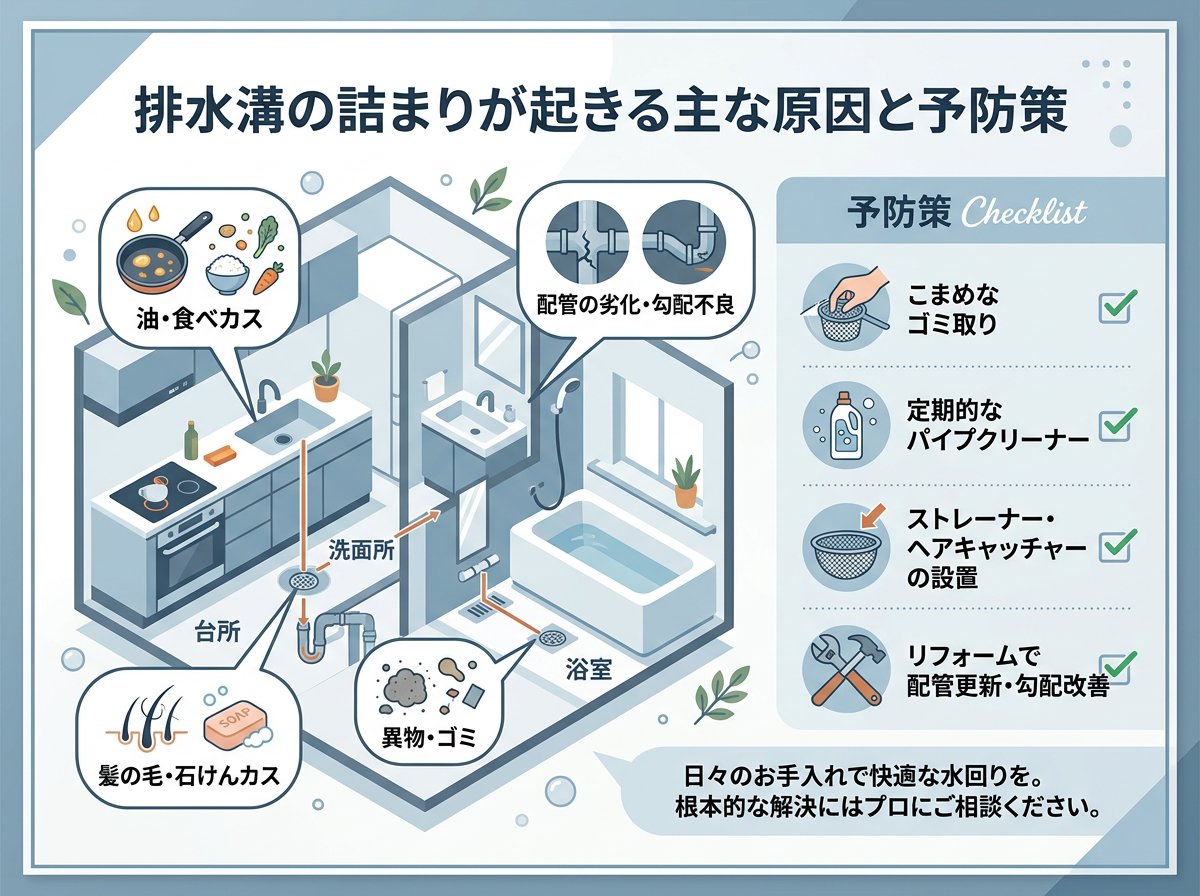排水溝の詰まりが起きる主な原因と予防策